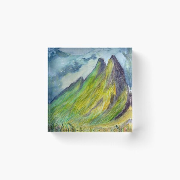 Item preview, Watercolor illustration of vibrant green mountain peaks with a misty background designed and sold by rusmashart.