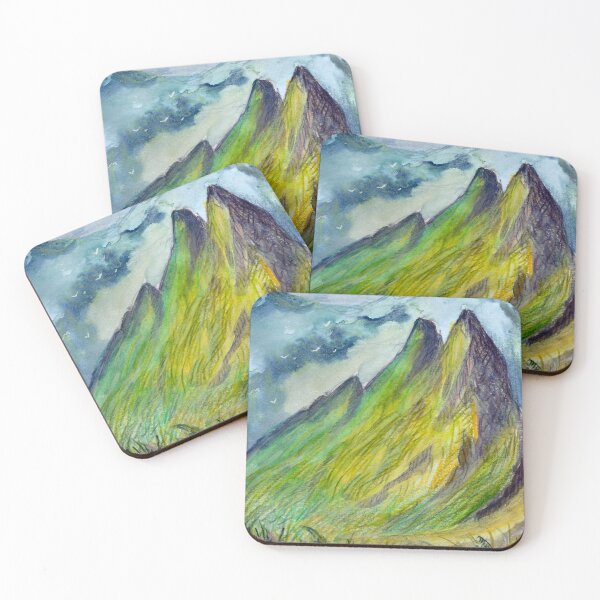 Item preview, Watercolor illustration of vibrant green mountain peaks with a misty background designed and sold by rusmashart.