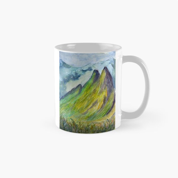 Artikelvorschau, Aquarellillustration von leuchtend grünen Berggipfeln vor nebligem Hintergrund entworfen und verkauft von rusmashart.