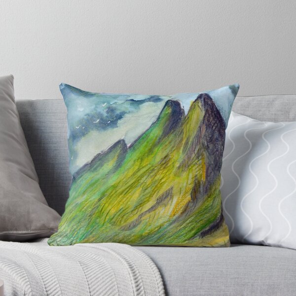 Item preview, Watercolor illustration of vibrant green mountain peaks with a misty background designed and sold by rusmashart.