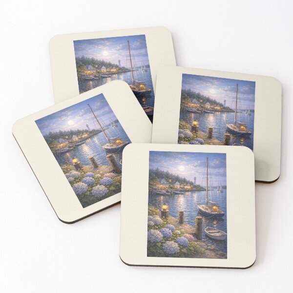 Item preview, Night Harbor — Moonlit Coastal Village Scene designed and sold by Novel Works Studio.