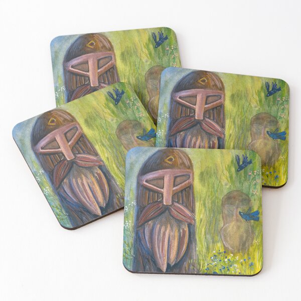 Item preview, Watercolor illustration of ancient wooden idols in a summer field designed and sold by rusmashart.