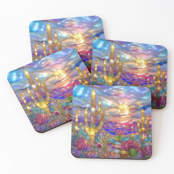 Item preview, Stained Glass Cactus Desert Sunset – Blooming Saguaro Cacti Western Southwest Nature Art Design designed and sold by MargaretWiktor.