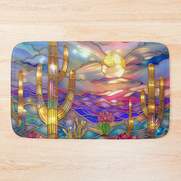 Item preview, Stained Glass Cactus Desert Sunset – Blooming Saguaro Cacti Western Southwest Nature Art Design designed and sold by MargaretWiktor.