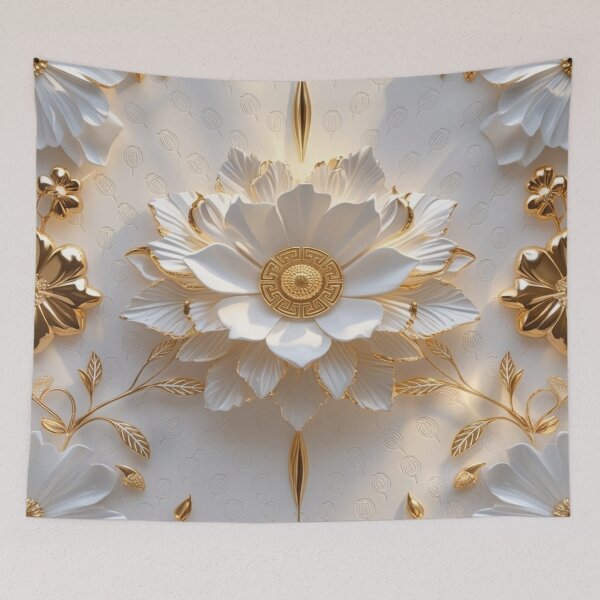 Item preview, Luxury 3D White Lotus & Gold Filigree Floral Pattern designed and sold by Remix Vision.