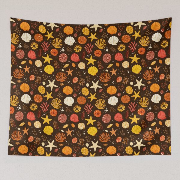 Item preview, Orange Starfish and Shells on Dark Background designed and sold by Piotrek0001.