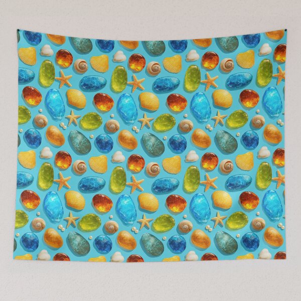 Item preview, Blue and Orange Sea Glass Gems on Teal designed and sold by Piotrek0001.