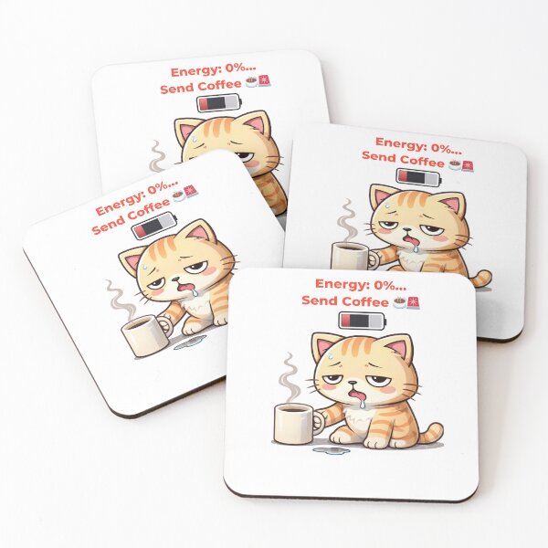 Item preview, Energy 0%… Send Coffee ☕? | Funny Exhausted Cat Meme | Low Battery Work Humor designed and sold by Kawaii Cosmos Cats.