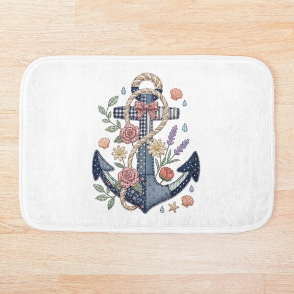Aperçu de l'œuvre Patchwork nautique ancre matelassée art floral côtier créée et vendue par BVDigitalArt.