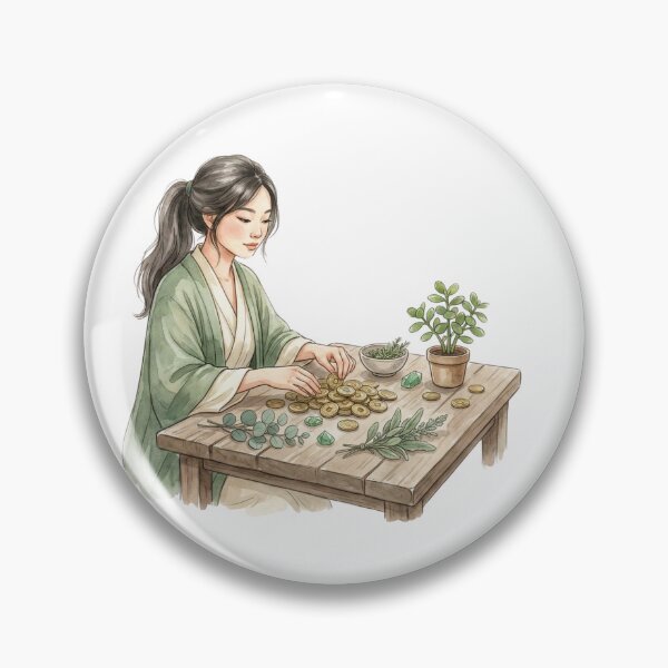 Item preview, Abundance Ritual Woman Counting Gold Coins Cottagecore Watercolor Art designed and sold by SirensSageStone.
