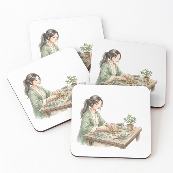 Item preview, Abundance Ritual Woman Counting Gold Coins Cottagecore Watercolor Art designed and sold by SirensSageStone.
