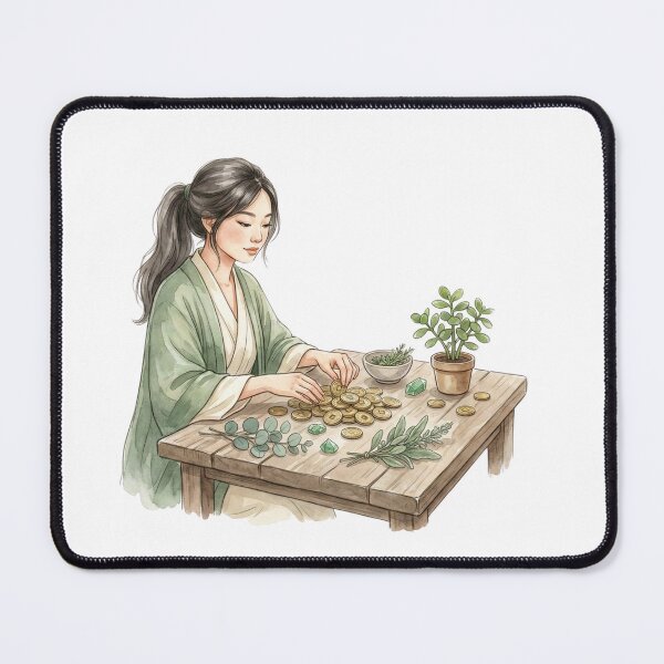 Item preview, Abundance Ritual Woman Counting Gold Coins Cottagecore Watercolor Art designed and sold by SirensSageStone.
