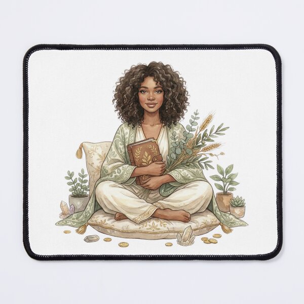 Item preview, Smiling Abundance Goddess with Journal and Botanicals Cozy Cottagecore Art designed and sold by SirensSageStone.