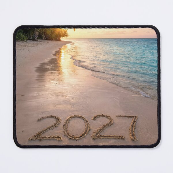 Artikelvorschau, Tropischer Strand mit Neujahrsgruß 2027 aus Sand entworfen und verkauft von Maria Dryfhout.