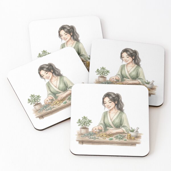 Item preview, Smiling Abundance Ritual Woman Counting Gold Coins Cottagecore Watercolor designed and sold by SirensSageStone.