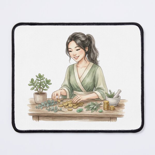 Item preview, Smiling Abundance Ritual Woman Counting Gold Coins Cottagecore Watercolor designed and sold by SirensSageStone.