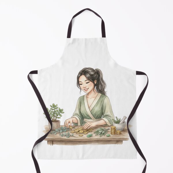 Item preview, Smiling Abundance Ritual Woman Counting Gold Coins Cottagecore Watercolor designed and sold by SirensSageStone.
