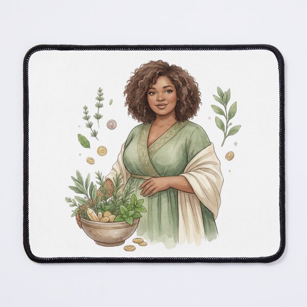 Item preview, Curly Herbal Abundance Goddess with Rosemary and Crystals Watercolor Art designed and sold by SirensSageStone.