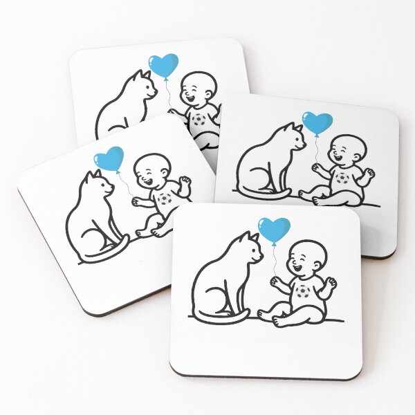 Item preview, Cute Cat and Happy Baby with Blue Balloon - Minimalist Lineart designed and sold by NoraStudioArt.