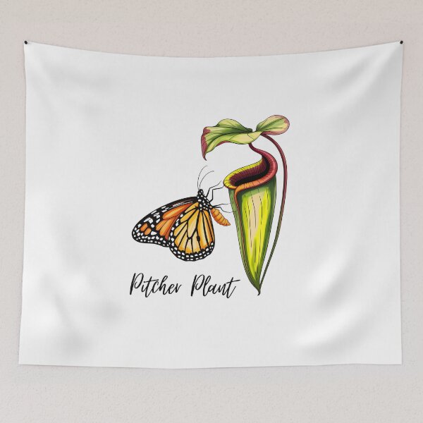 Item preview, Carnivorous Pitcher Plant with Butterfly – Exotic Botanical Illustration designed and sold by ArcticFoxStudio.