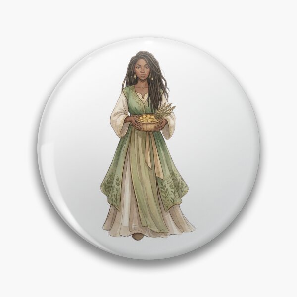 Item preview, Abundance Goddess with Gold Coin Basket and Locs Cottagecore Watercolor Art designed and sold by SirensSageStone.
