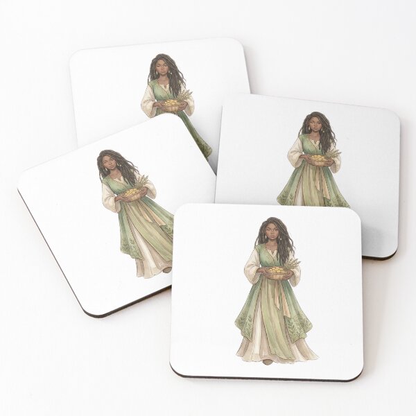 Item preview, Abundance Goddess with Gold Coin Basket and Locs Cottagecore Watercolor Art designed and sold by SirensSageStone.