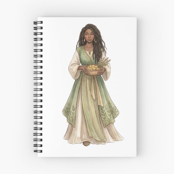 Item preview, Abundance Goddess with Gold Coin Basket and Locs Cottagecore Watercolor Art designed and sold by SirensSageStone.