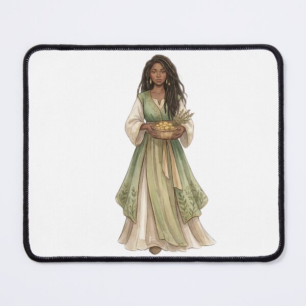 Item preview, Abundance Goddess with Gold Coin Basket and Locs Cottagecore Watercolor Art designed and sold by SirensSageStone.