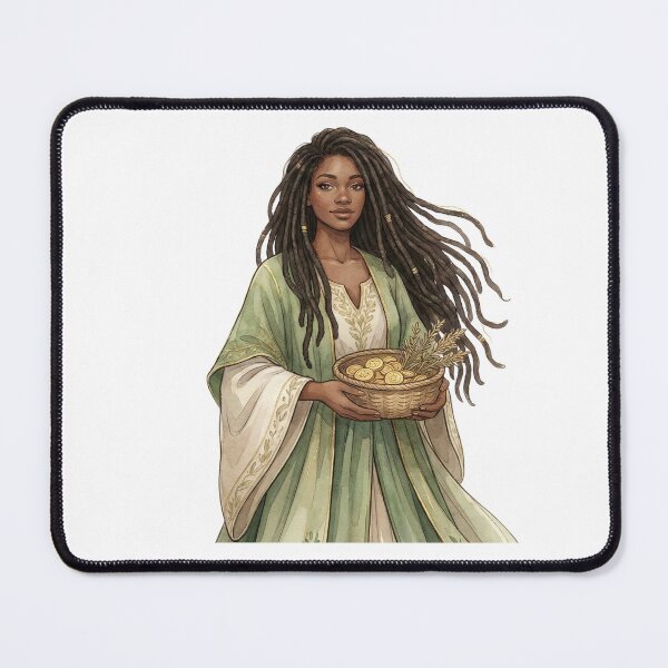 Item preview, Locs Abundance Goddess with Gold Coin Basket and Wheat Watercolor Art designed and sold by SirensSageStone.
