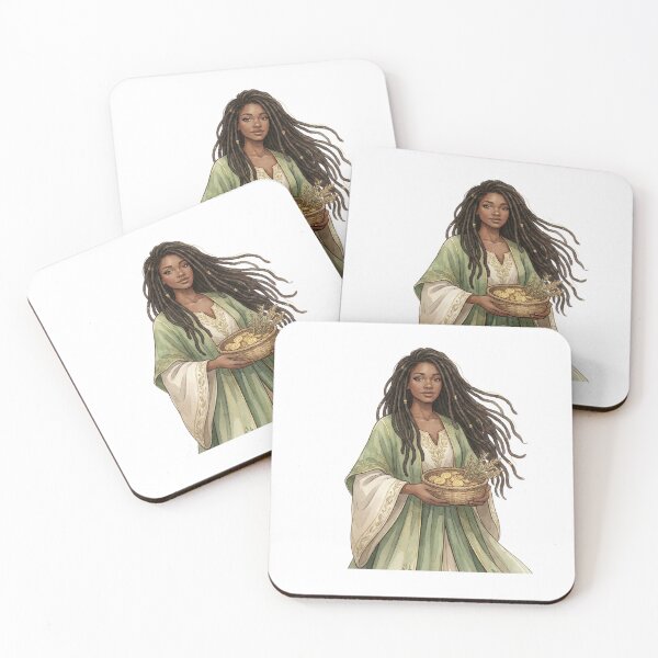 Item preview, Locs Abundance Goddess with Gold Coin Basket and Wheat Watercolor Art designed and sold by SirensSageStone.