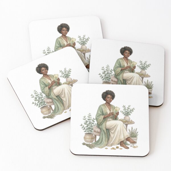 Item preview, Tarot Reading Abundance Goddess with Eucalyptus and Coins Watercolor Art designed and sold by SirensSageStone.