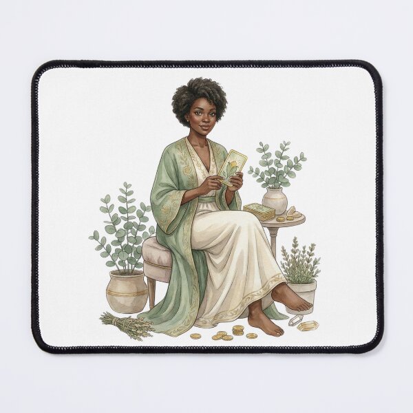 Item preview, Tarot Reading Abundance Goddess with Eucalyptus and Coins Watercolor Art designed and sold by SirensSageStone.