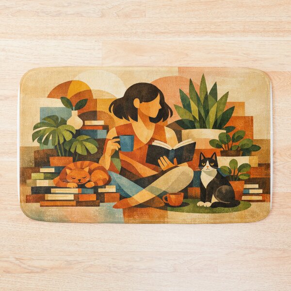 Item preview, Copy of Cozy Book Woman girl Mom Cat Aesthetic Relaxing Lifestyle Design Books plants selfcare  designed and sold by VISO-art.