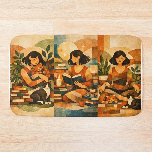 Item preview, Cozy Book Woman girl Mom Cat Aesthetic Relaxing Lifestyle Design Books plants selfcare  triptic designed and sold by VISO-art.