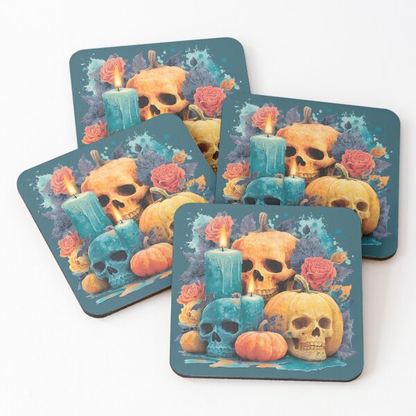 Item preview, Halloween 23 - Gothic Skull Pumpkins and Teal Candles designed and sold by NikaNavi.