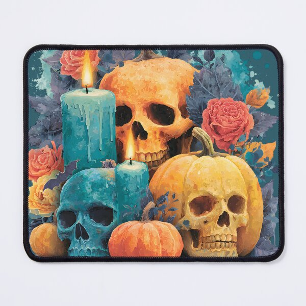 Item preview, Halloween 23 - Gothic Skull Pumpkins and Teal Candles designed and sold by NikaNavi.