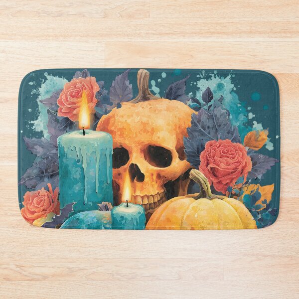 Item preview, Halloween 23 - Gothic Skull Pumpkins and Teal Candles designed and sold by NikaNavi.