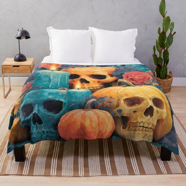 Item preview, Halloween 23 - Gothic Skull Pumpkins and Teal Candles designed and sold by NikaNavi.