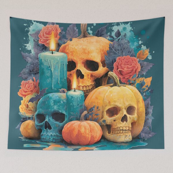 Item preview, Halloween 23 - Gothic Skull Pumpkins and Teal Candles designed and sold by NikaNavi.
