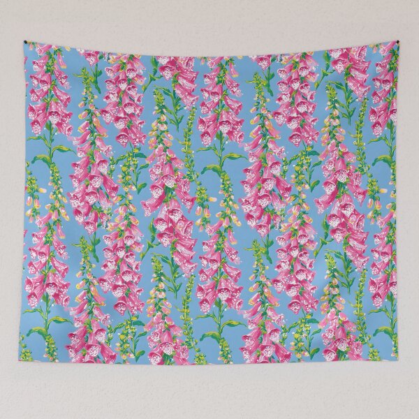Item preview, Preppy pink fox gloves flowers on sky blue designed and sold by SophieClimaArt.