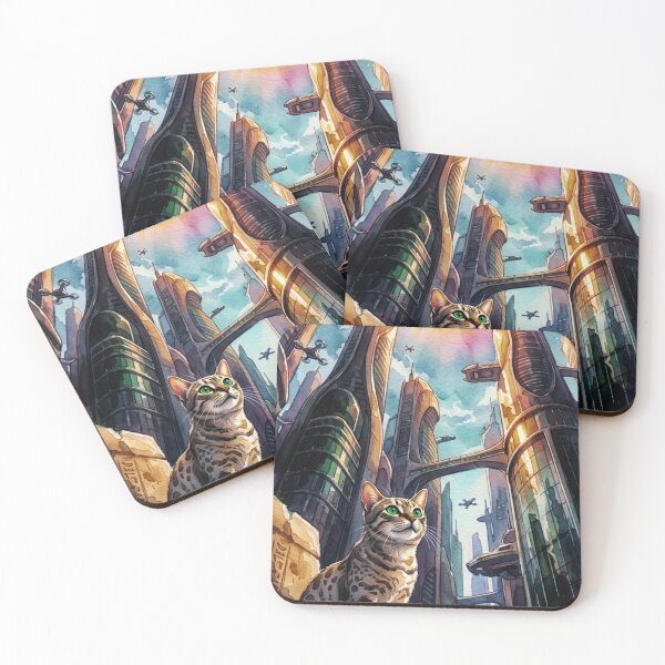 Item preview, Sci-Fi City Cat: Futuristic Watercolor Urban Fantasy designed and sold by AmaWearDesign.