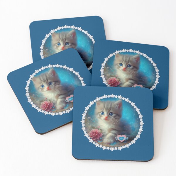 Item preview, Cute Magical Kitten Portrait with Roses/Adorable Blue Glow Kitten Art for Cat Lovers designed and sold by Good Vibes .