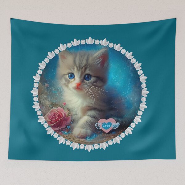 Item preview, Cute Magical Kitten Portrait with Roses/Adorable Blue Glow Kitten Art for Cat Lovers designed and sold by Good Vibes .