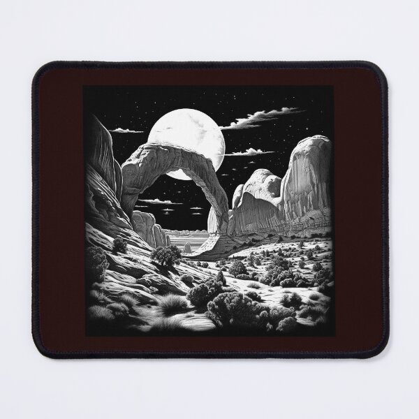 Item preview, Moonlit Desert Arch Landscape | Black and White Canyon Night Art designed and sold by inkoutninja.