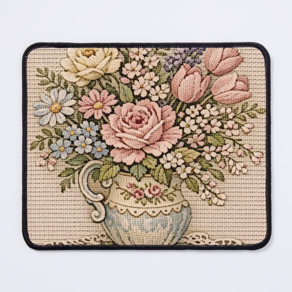 Item preview, Vintage Needlepoint Floral Bouquet in Porcelain Vase | Pastel Textile Art designed and sold by LuxuryApparels.