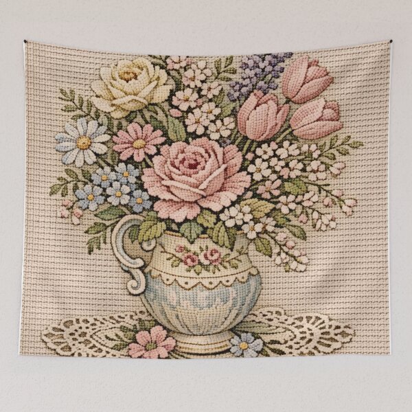 Item preview, Vintage Needlepoint Floral Bouquet in Porcelain Vase | Pastel Textile Art designed and sold by LuxuryApparels.