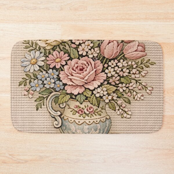 Item preview, Vintage Needlepoint Floral Bouquet in Porcelain Vase | Pastel Textile Art designed and sold by LuxuryApparels.