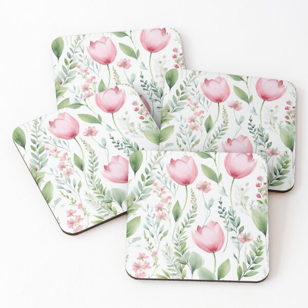 Item preview, TULIPS BLUSH pastel pink leafy botanicals watercolor leaves painting spring theme shades of pink designed and sold by navitalidesign.