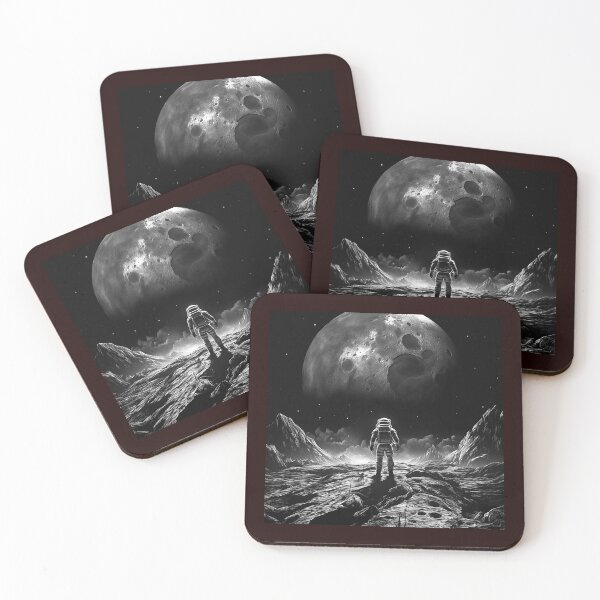 Item preview, Astronaut Under a Giant Moon | Black and White Lunar Sci-Fi Landscape designed and sold by inkoutninja.