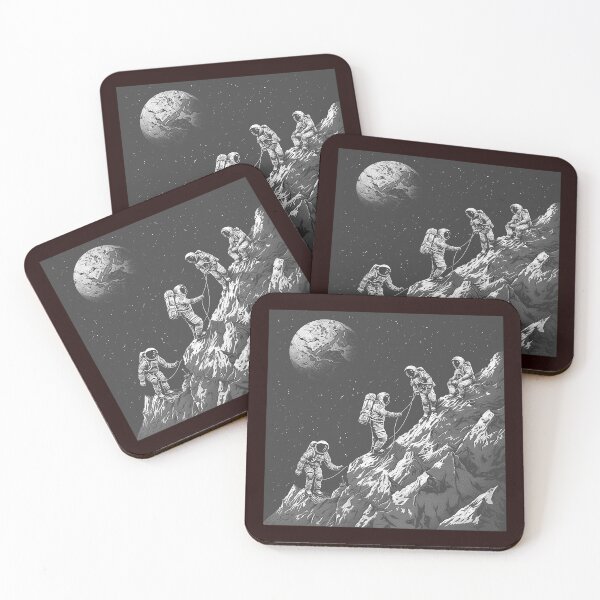 Item preview, Astronauts Climbing a Rocky Moon Surface | Black and White Space Exploration Art designed and sold by inkoutninja.